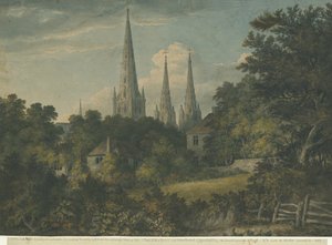 リッチフィールド大聖堂-ノースイーストビュー：水彩画、1797 作： Henry Salt