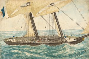 H.M. によって捕らえられたポルトガルの奴隷商人ディリジェント。 1838 年 5 月、600 人の奴隷を乗せたスループ パール号。 作： Henry Samuel Hawker
