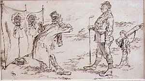 ゴルファーはセールスマンに悩まされ、イラストはグラフィック誌、パブに。 c、1870 作： Henry Sandercock
