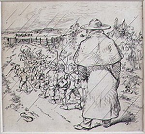 The School Boy Golfers in the Rain（雨の中のスクールボーイ・ゴルファー）」は、1870年頃に発行された雑誌「Graphic」のイラスト（リトグラフ）です。 作： Henry Sandercock
