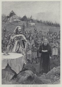 オロジャンニ族の野営地での宗教儀式（リトグラフ 作： Henry Sandham