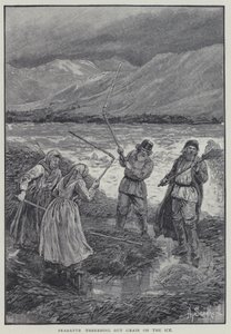 氷の上で穀物を脱穀する農民たち（リトグラフ 作： Henry Sandham