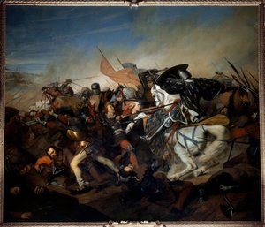 1328年8月23日のカッセルの戦いの眺め、ヴァロワ家のフィリップ6世がフランドル軍に勝利した時の眺め 絵画：ヘンリー・シェファー（1798-1862） 1837年 日曜。4,65x5,43 m ヴェルサイユ宮殿、城の博物館 作： Henry Scheffer