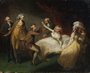 失神から立ち直るカミラ、1796年に出版された「カミラ」のシーンのイラスト、または「若者の写真」 作： Henry Singleton