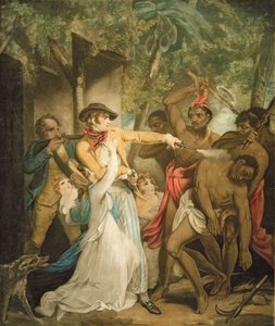 ジョージ・キーティング（1762-1842）（アクアチント）によって刻まれた、野蛮人に襲われた住居の家族 作： Henry Singleton
