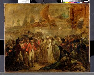 マイソールのスルタン、ティプ サヒブ (1749-99) の 2 人の息子の降伏、1800 年頃 (キャンバスに油彩) 作： Henry Singleton