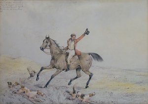 A Huntsman Encourageing Hounds (鉛筆と水彩) 作： Henry Sr Alken