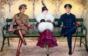 ベンチにいる女の子、どちらかの側に兵士と船乗り