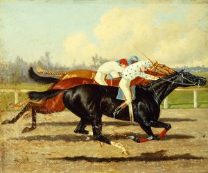 ベルモント パークのフューチュリティ ステークスを走るガリリー、ドビンズ、ドミノ 作： Henry Stull