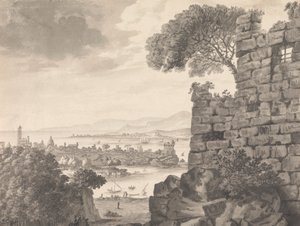 前景に廃墟のある風景、背景に港と村 作： Henry Swinburne