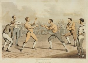 1820年に出版されたJ.クラークの刻印による「A Prize Fight」（アクアチント 作： Henry Thomas (after) Alken