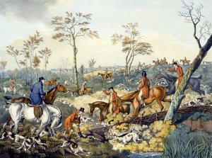 トーマス・サザーランド（1785-1838）が彫った「Foxhunting」から「Drawing a Cover」（カラーリトグラフ）。 作： Henry Thomas (after) Alken