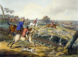 トーマス・サザーランド（1785-1838）が彫刻した「Foxhunting」の「The Full Cry」（カラーリトグラフ）。 作： Henry Thomas (after) Alken
