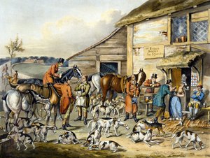 トーマス・サザーランド（1785-1838）が彫刻した「Foxhunting」の「The Refreshment」（カラーリトグラフ）。 作： Henry Thomas (after) Alken