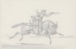 ピストルを発射する充電マメルーク（紙に黒鉛と赤いチョーク） 作： Henry Thomas Alken