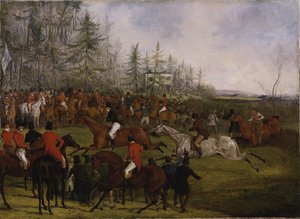 グランドレスターシャースティープルチェイス、1829年3月12日：ウイニングポストとビレスドンコプロウ 作： Henry Thomas Alken