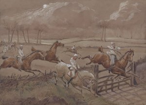 1839年にロンドンのアッカーマンによって印刷されたJ.ハリスによって彫刻された、最初の尖塔チェイスオンレコードからのNacton Heathの最後のフィールド、プレート3（色付きのアクアチント） 作： Henry Thomas Alken
