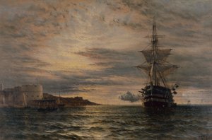 ポーツマス沖のHMSセントビンセントからの朝の敬礼（オイル） 作： Henry Thomas Dawson
