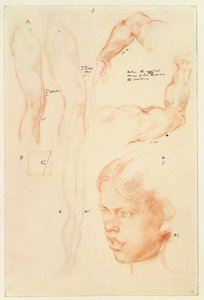 注釈付きデモンストレーション：図面と少女の頭の研究（紙に鉛筆とチョーク） 作： Henry Tonks