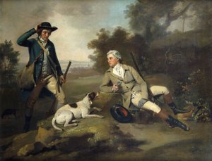 銃と犬でリクライニングする紳士と近くに立っている彼のゲームキーパー、
