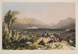 平野とビトリアの街、スペインのバスク地方の風景のスケッチから、選りすぐりの国民音楽とパブ。 1838（手塗りの彫刻） 作： Henry Wilkinson