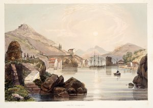 パッセージの港、スペインのバスク地方の風景のスケッチから、選りすぐりの国立音楽のパブ。 1838（手塗りの彫刻） 作： Henry Wilkinson