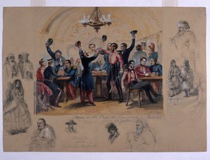 カフェデュコマースバレッタのシーン、「祖国の死」、マルタ、1854年（紙と鉛筆）
