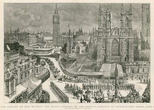 女王陛下のジュビリー-ウェストミンスター寺院に女王の馬車が到着 作： Henry William Brewer