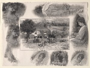 さまざまなスケッチに囲まれたコテージと牛のいる風景。 作： Henry Wolf