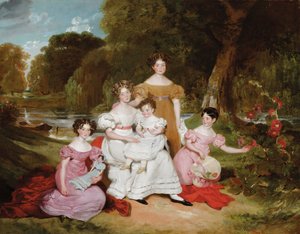 川の前の風景に写るウォード・ハント一家の群像 作： Henry Wyatt