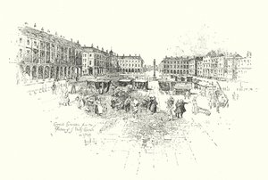 1749年、ロンドンのセント・ポールズ教会の柱廊から見たコヴェント・ガーデン（リトグラフ版 作： Herbert (after) Railton