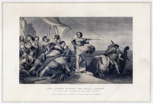 アルフレッド王、アングロサクソン人にデンマーク人の侵略を撃退するよう扇動、896年、c1847年 作： Herbert Bourne