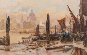 係留されたテムズ川のはしけ、遠くにセント・ポールとブラックフライアーズ橋 作： Herbert Menzies Marshall
