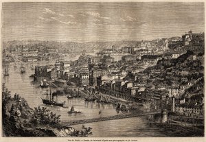 1857年にオリヴィエ・メルソンが行ったポルトガル北部地方への旅を説明するためにカテナッチが描いたポルトの風景。1861年の "Le tour du monde "に掲載されたエングレーヴィング。セルバのコレクション。 作： Hercule (after) Catenacci