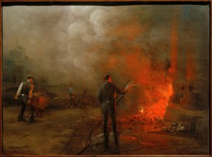 工場でコークスを消している労働者 作： Herman Heijenbrock