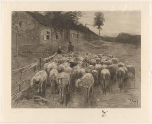 羊飼いと羊の群れを持つ女性 作： Herman Johannes van der Weele (signed by artist)