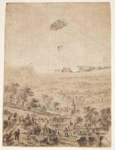 農民、漁師、村の教会があるパノラマ風景 作： Herman Saftleven