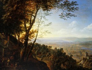 コテージのそばに農民がいる森の風景（油彩・パネル） 作： Herman the Younger Saftleven