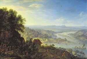 ラインガウのエルバッハ近くのライン渓谷（オークパネルに油彩） 作： Herman the Younger Saftleven