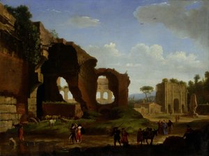 ヴィーナスとローマの神殿およびコンスタンティヌス凱旋門の見えるローマの景観 作： ハーマン・ファン・スワンベルト