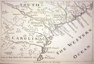 1730年のサウスカロライナ州の地図（リトグラフ） 作： Hermann (after) Moll