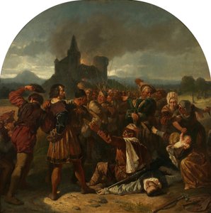 ドイツ農民戦争のエピソード 1867 年頃、ワインスベルク近郊のヘルフェンシュタイン伯爵の殺害。 作： Hermann Eichler