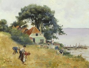 湖で拾う子供たち、1900-10年頃（パネルに油彩） 作： Hermann Seeger