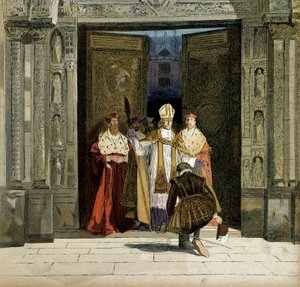 アンリ4世（1553-1610）がサン・ドニ修道院でブルジュのアーチ、ルノー・ドゥ・ボーヌ（1527-1606）の立ち会いのもと、プロテスタントを棄教する。国王は1593年7月25日にプロテスタントを脱退した。ヘルマン・フォーゲル（1856-1918）による "Henri IV "のイラスト