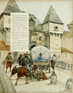 アミアンは驚きます。スペイン人は、1597年3月11日、カートでハローをブロックすることにより、アミアンの街を占領するためのトリックを使用しました。イラスト、1907年、ヘルマン・フォーゲル作 作： Hermann Vogel