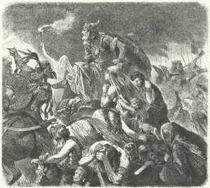 シャロンの戦いでの西ゴート族の決定的な攻撃後のアッティラザフン、451 作： Hermann Vogel