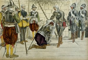コス・ブリサック（Cosse-Brissac）のシャルル2世（1562年〜1621年または1626年）は、1594年3月22日にパリに入る前に、アンリ4世（1553年〜1610年）によってフランスの牧童となった。傍らに立つ商人の前任者ジャン・リュイリエ（？）が街の鍵を持っている。イラスト 1907 作： Hermann Vogel