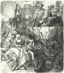 ウッテンベルクのウルリッヒ公爵は神聖ローマ皇帝チャールズ5世、1548年の前に身を屈める 作： Hermann Vogel