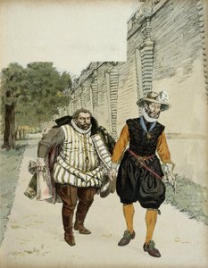 ヘンリー4世（1553-1610）とマイエンヌ公シャルル・ド・ロレーヌ（1554-1611）。1596年、ブリー川沿いにあるモンソー城の庭園で行われた、2人の敵であるlegueursのリーダー、マイエンヌと国王の最初の和解のための会見。図解 作： Hermann Vogel