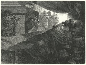 ポントゥスのミトリダーテスVIは、紀元前63年に毒物を摂取して自殺を図ろうとしている 作： Hermann Vogel